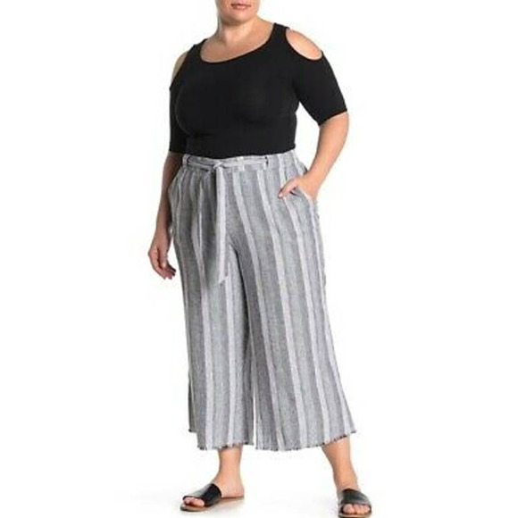 CASLON Black & White Stripe Linen Rayon Wide Leg Crop Pants Raw Hem Tie Waist XL - Picture 1 of 6